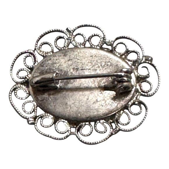 Vintage Italian Micro Mosaic Brooch Floral Design Oval Shape Silver Filigree 1" - Picture 2 of 3